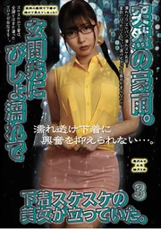 驟雨傾盆。玄關前站著一名渾身濕透、內衣若隱若現的美女。3